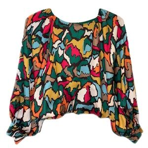 EMILY MCCARTHY Fall Ikat Celeste Cropped Long Sleeve Top size xsmall